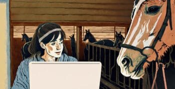 Drawing of a girl, her horse and a laptop.