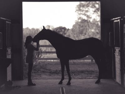 A woman and her horse standing in the alley of a barn